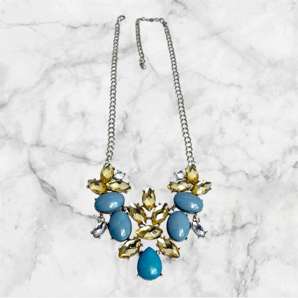 Blue & Yellow Rhinestone Statement Necklace Silver Tone Chain Costume Jewelry